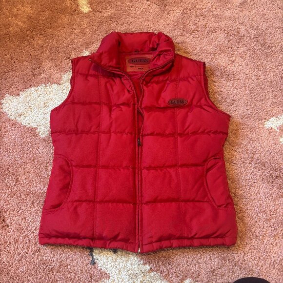 Guess Women’s Puffer Down Vest Zip w/Pockets Red Size M Waterfowl Feathers 44585 - Picture 1 of 8